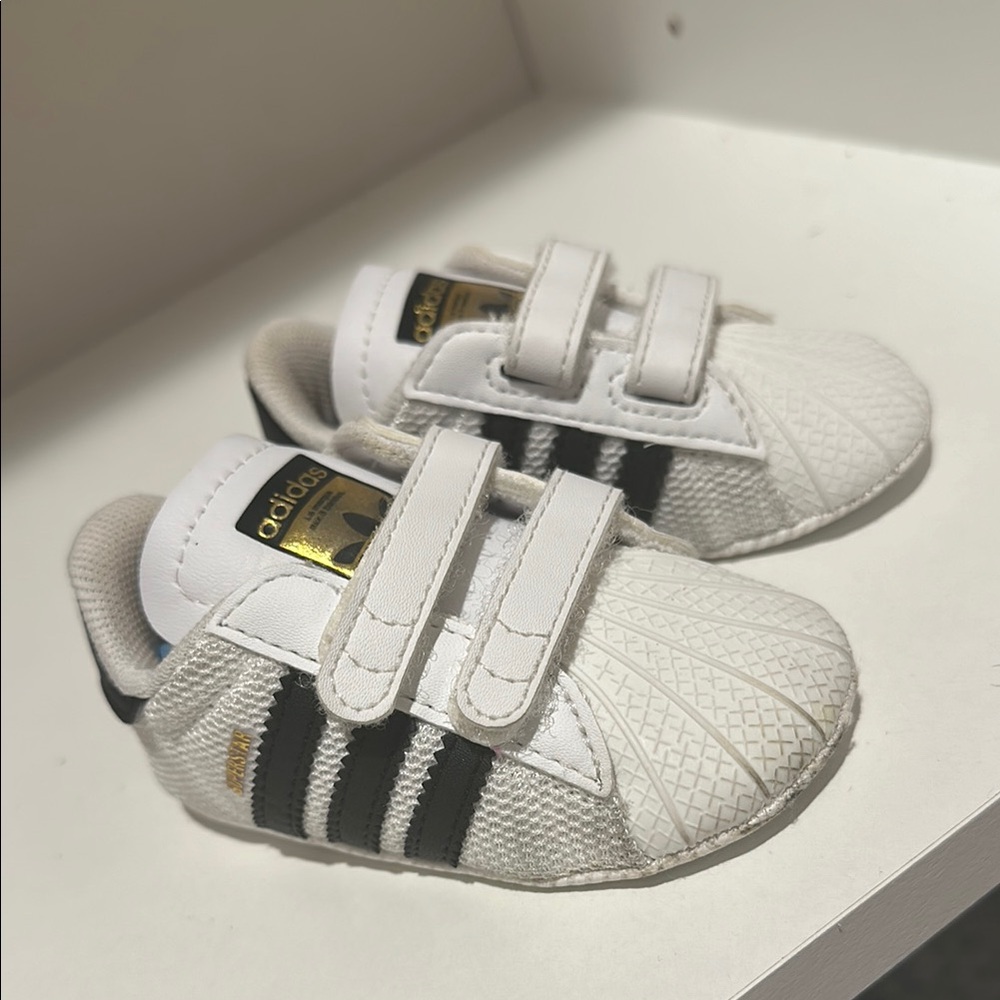 Adidas White and Black Superstar Sneakers with Velcro